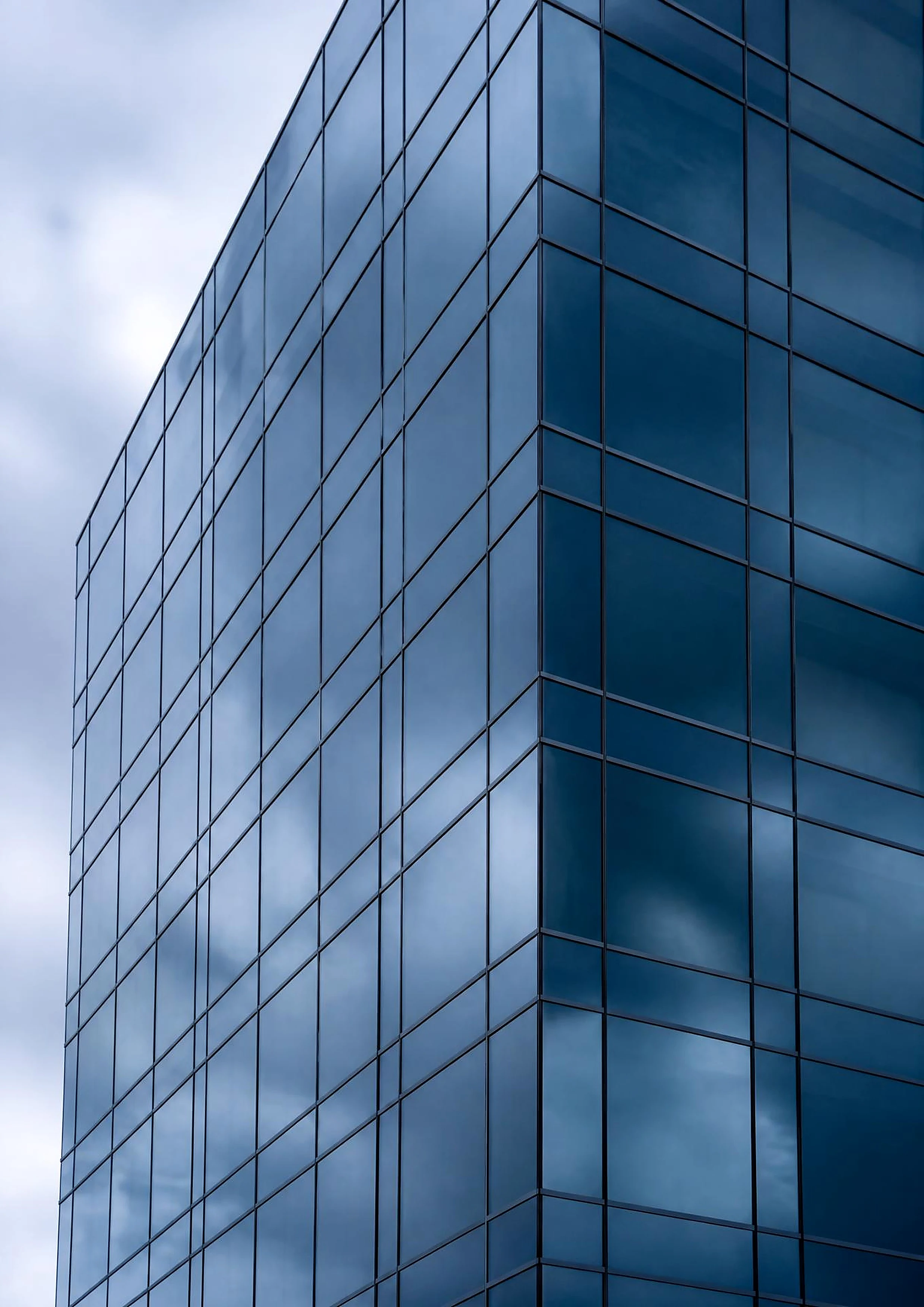 Completed unitised curtain wall façade viewed from below