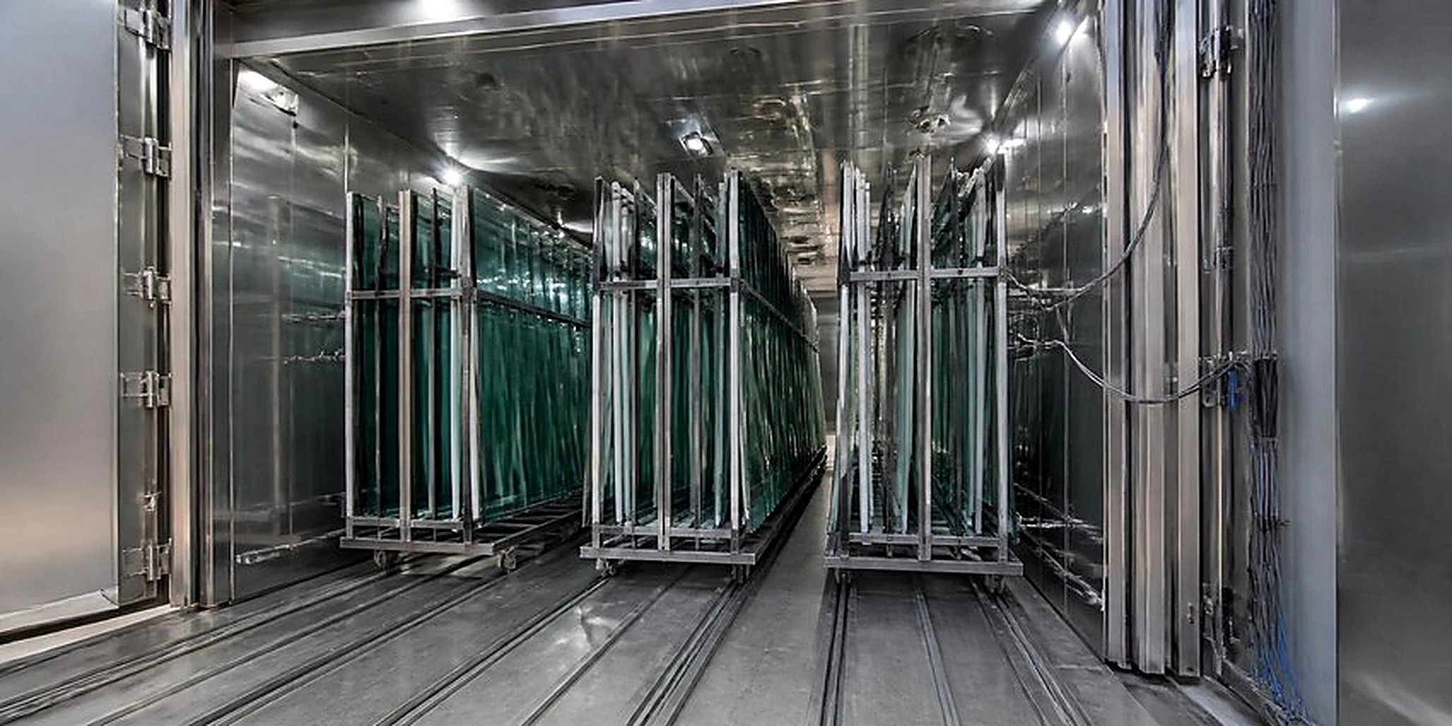 Heat soak chamber loaded with tempered glass for EN 14179 testing