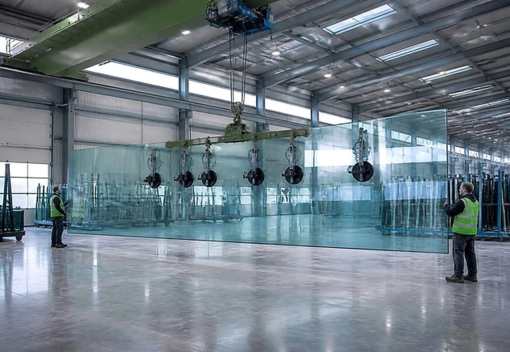 Oversized glass lite lifted by vacuum lifter inside the factory