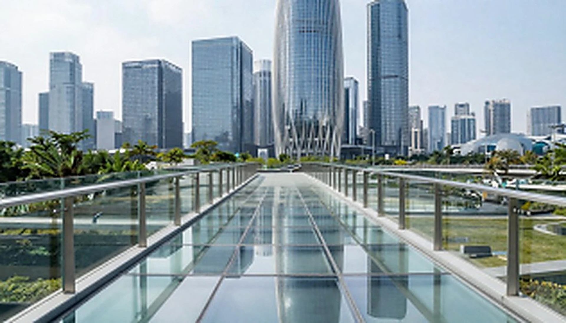 Elevated glass walkway between buildings in Shenzhen, China